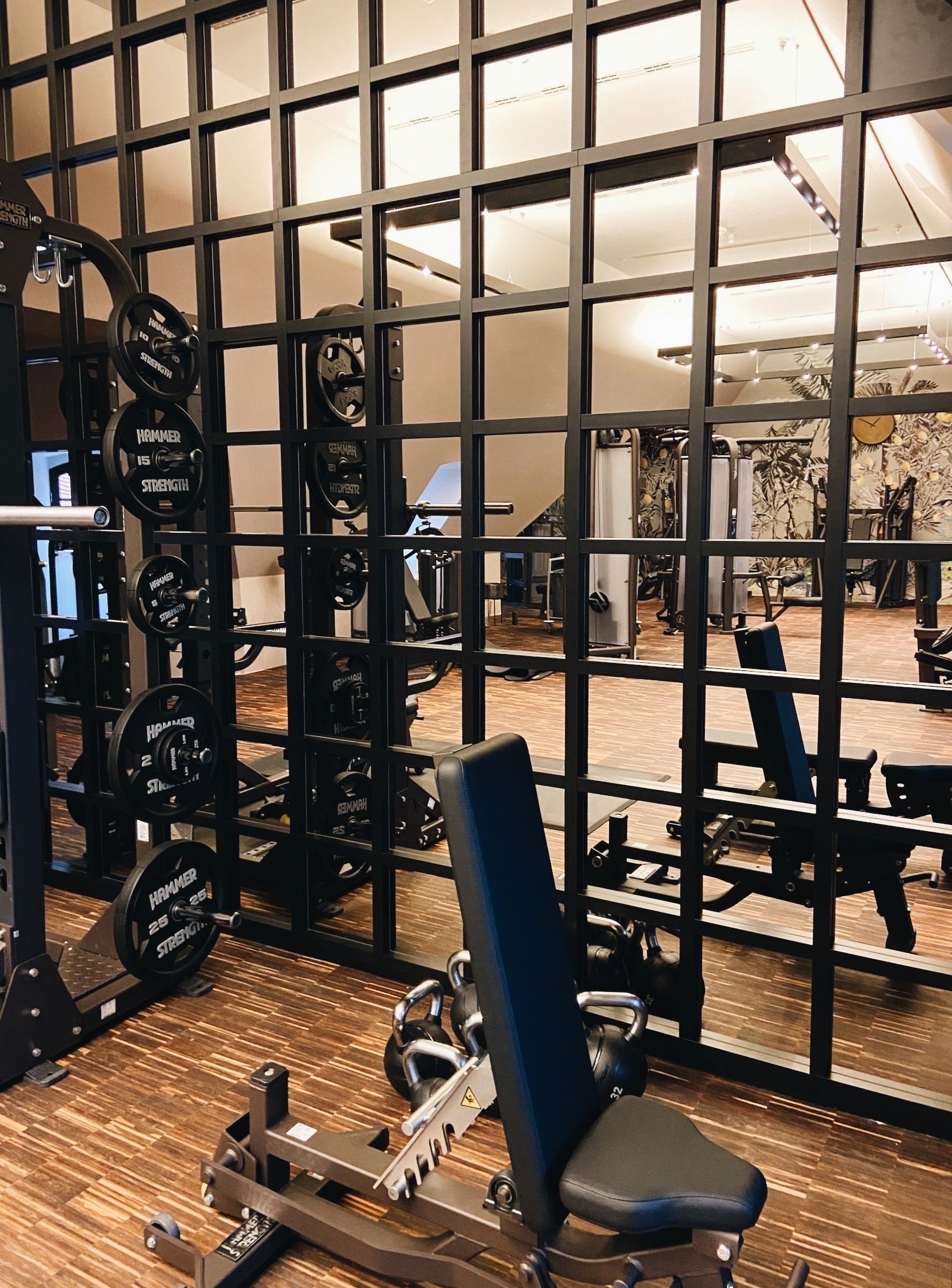 Moderner Fitnessraum mit Krafttrainingsgeräten, Spiegelflächen und Holzboden, der eine helle, einladende Trainingsatmosphäre schafft.