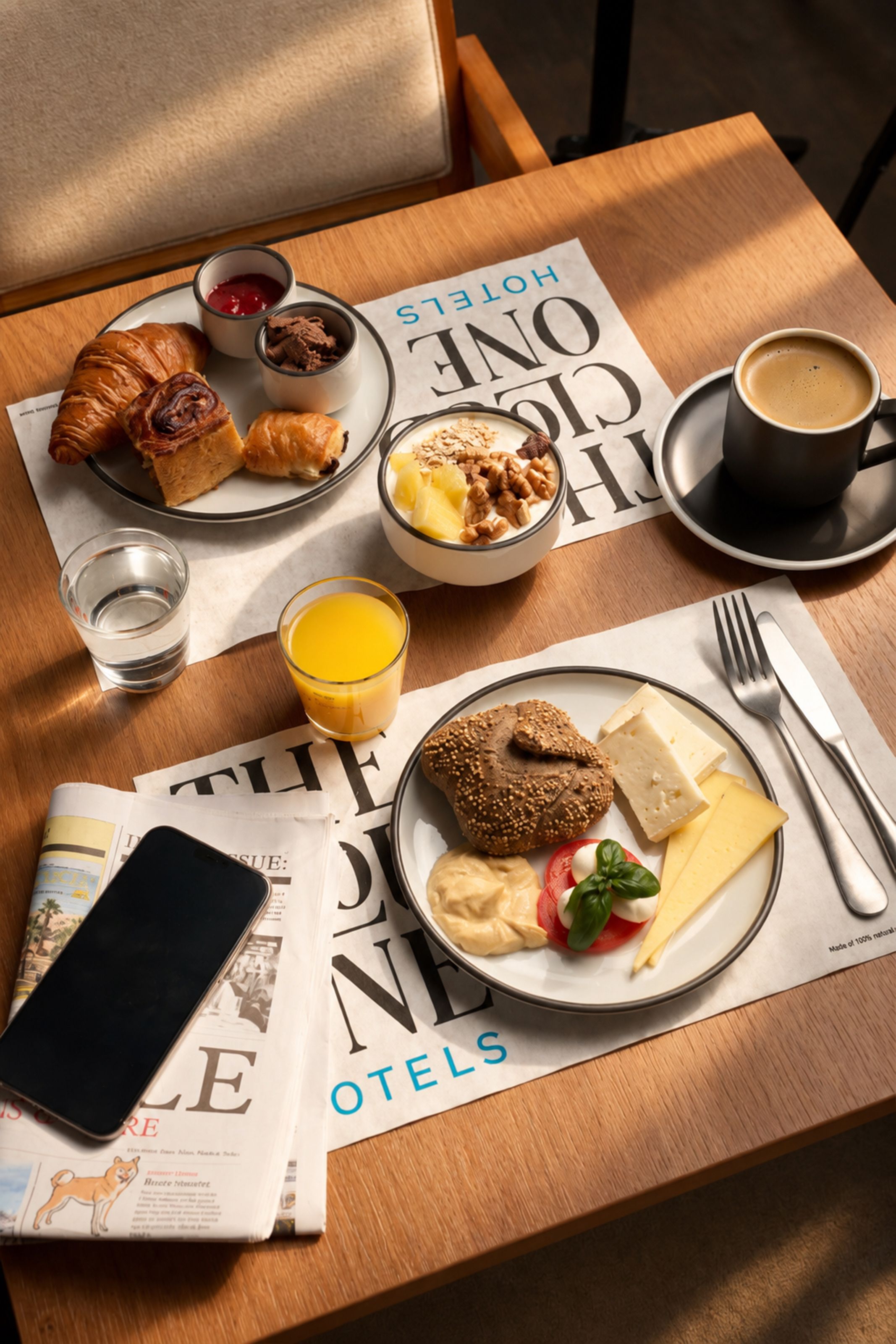 Frühstückstisch mit Kaffee, Orangensaft, Wasser, Croissants, Gebäck, Joghurt mit Früchten, Vollkornbrötchen mit Käse und Tomaten. Zeitung und Smartphone liegen daneben, Sonnenlicht fällt warm auf den Holztisch.