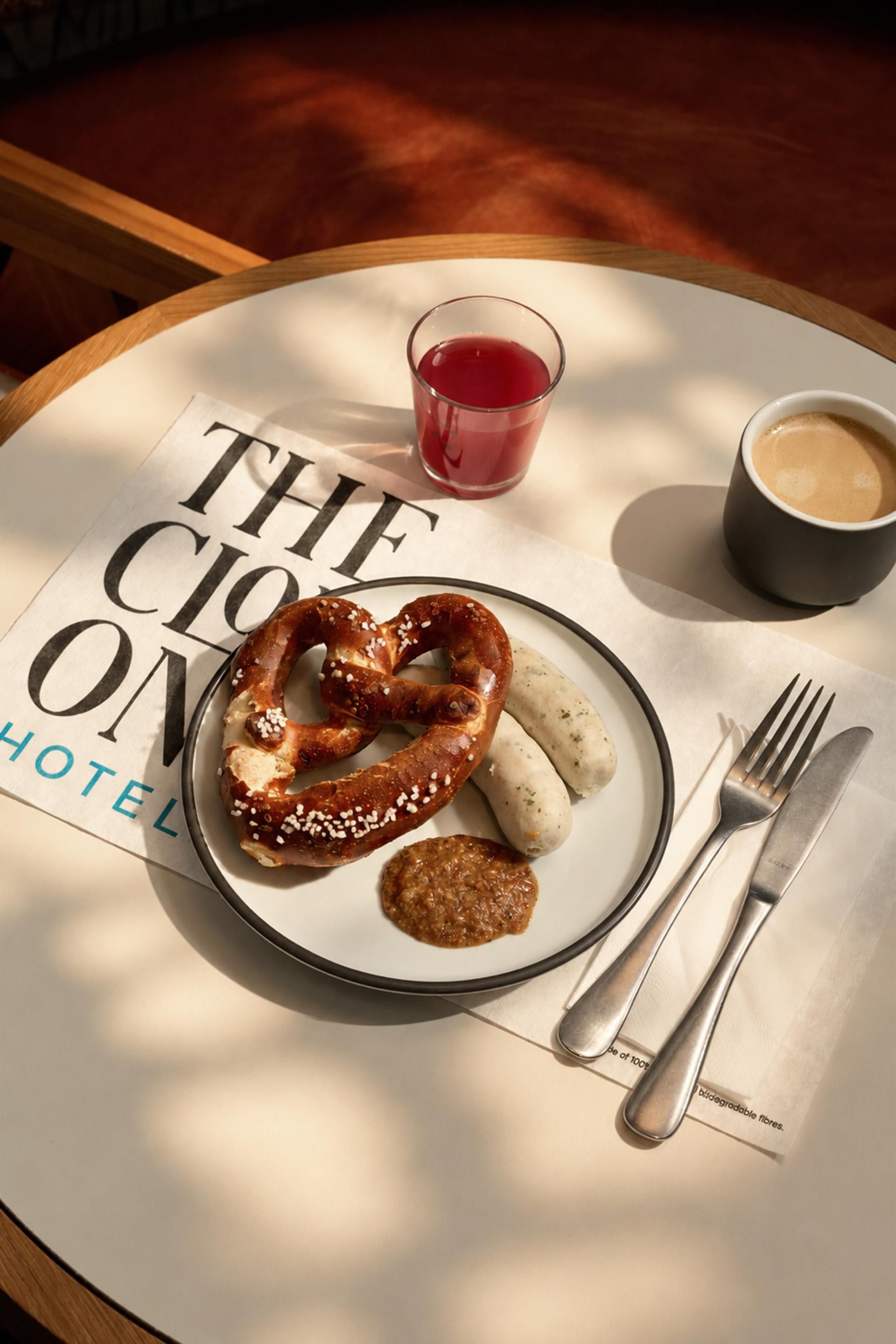 Frühstückstisch mit bayerischem Weißwurstfrühstück: Brezel, zwei Weißwürste, süßer Senf, dazu ein Glas roter Saft und eine Tasse Kaffee, alles ansprechend arrangiert.