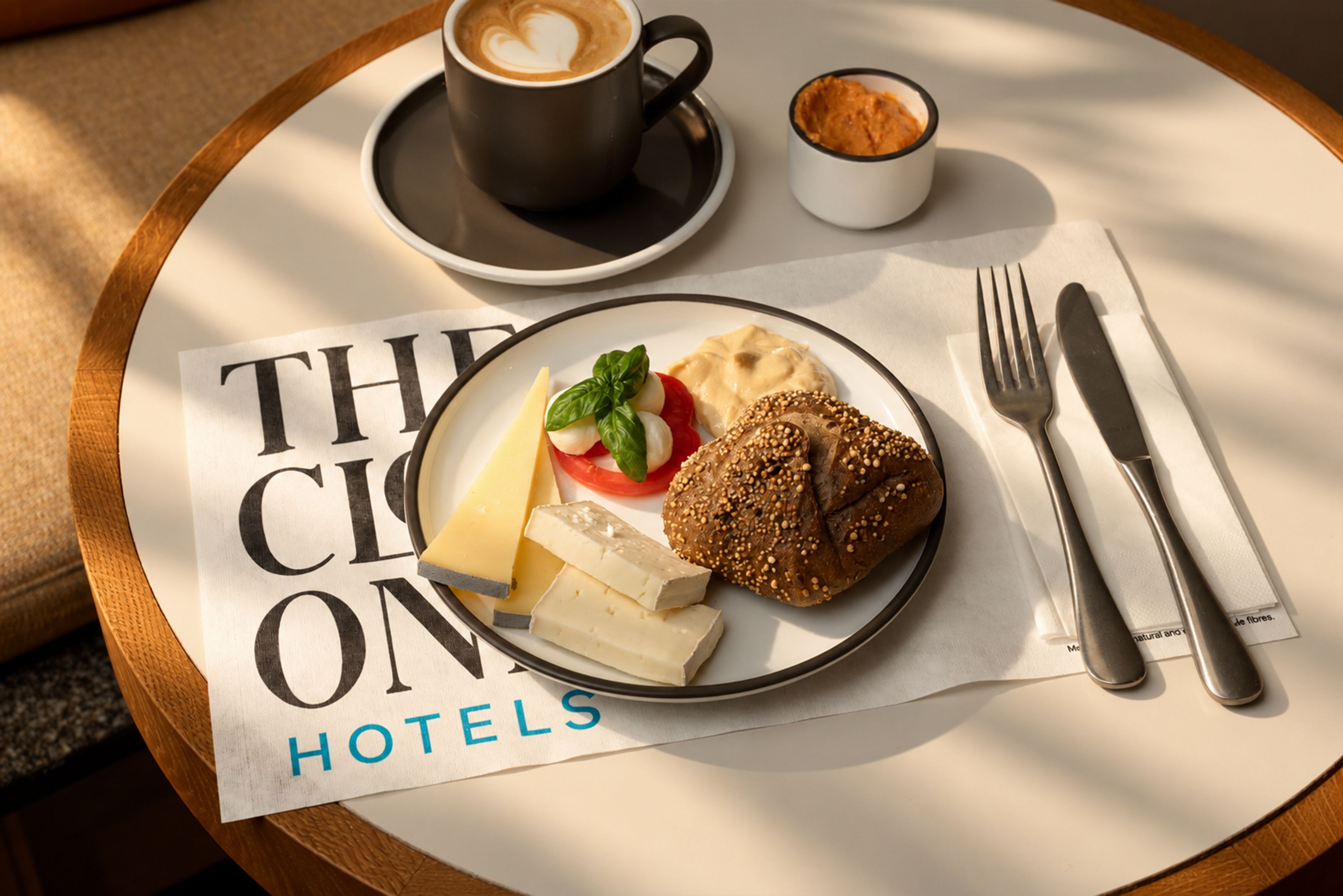 Leichtes Frühstück mit Käse, Tomate, Körnerbrötchen und Dip auf einem Teller, dazu Cappuccino in schwarzer Tasse, auf rundem Holztisch mit Hotelzeitung und Besteck.
