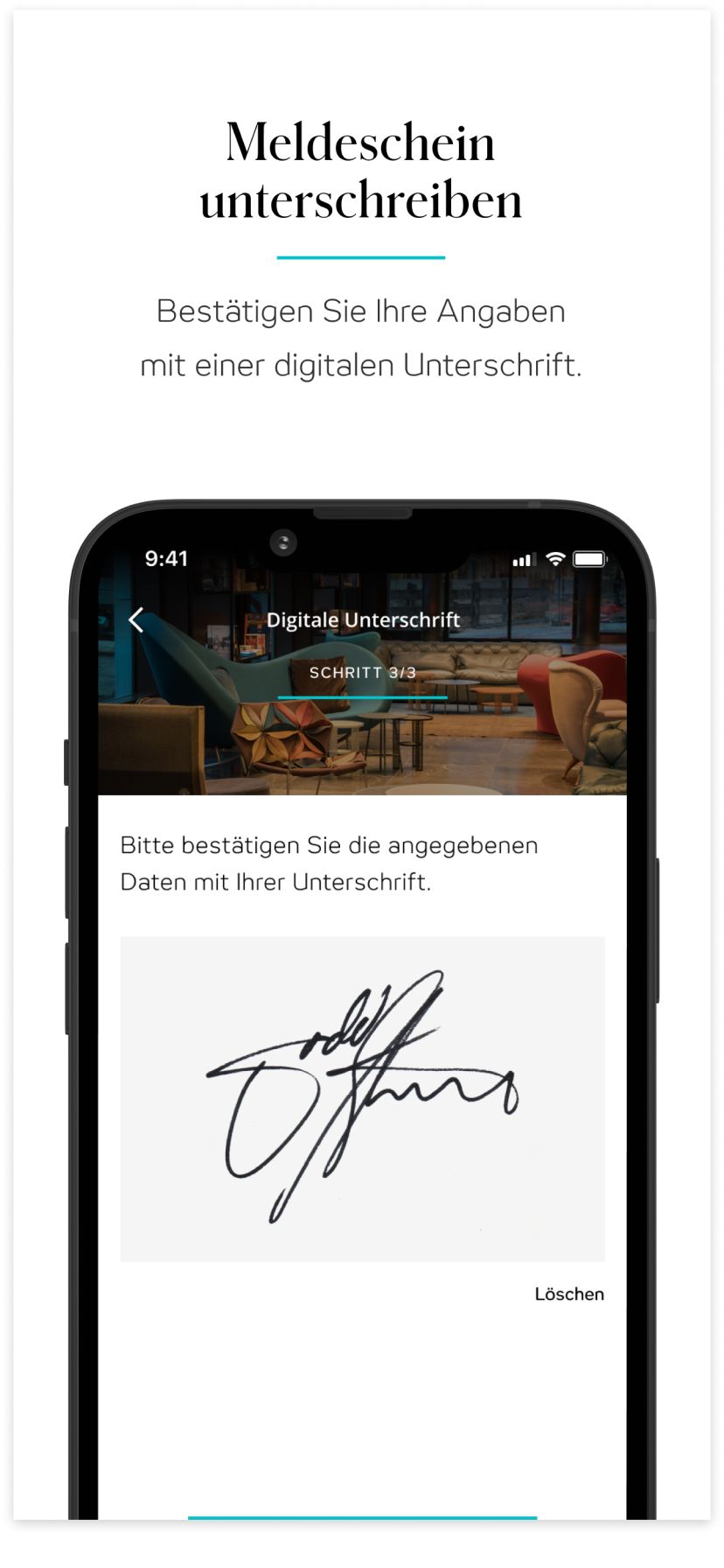 Anzeige zur digitalen Unterschrift des Meldescheins auf einem Smartphone. Nutzer wird aufgefordert, die angegebenen Daten mit einer digitalen Unterschrift zu bestätigen.