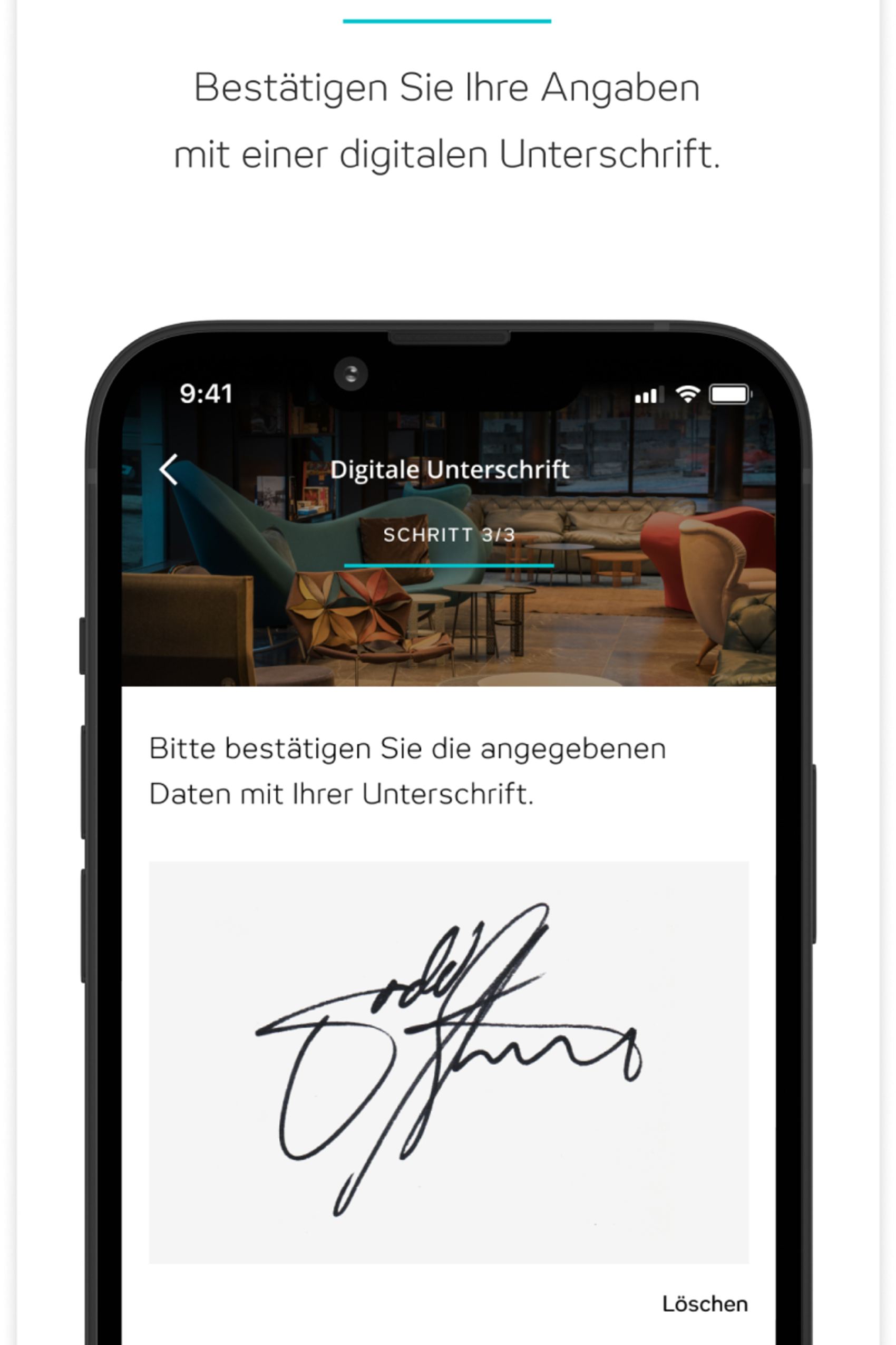 Anzeige zur digitalen Unterschrift des Meldescheins auf einem Smartphone. Nutzer wird aufgefordert, die angegebenen Daten mit einer digitalen Unterschrift zu bestätigen.