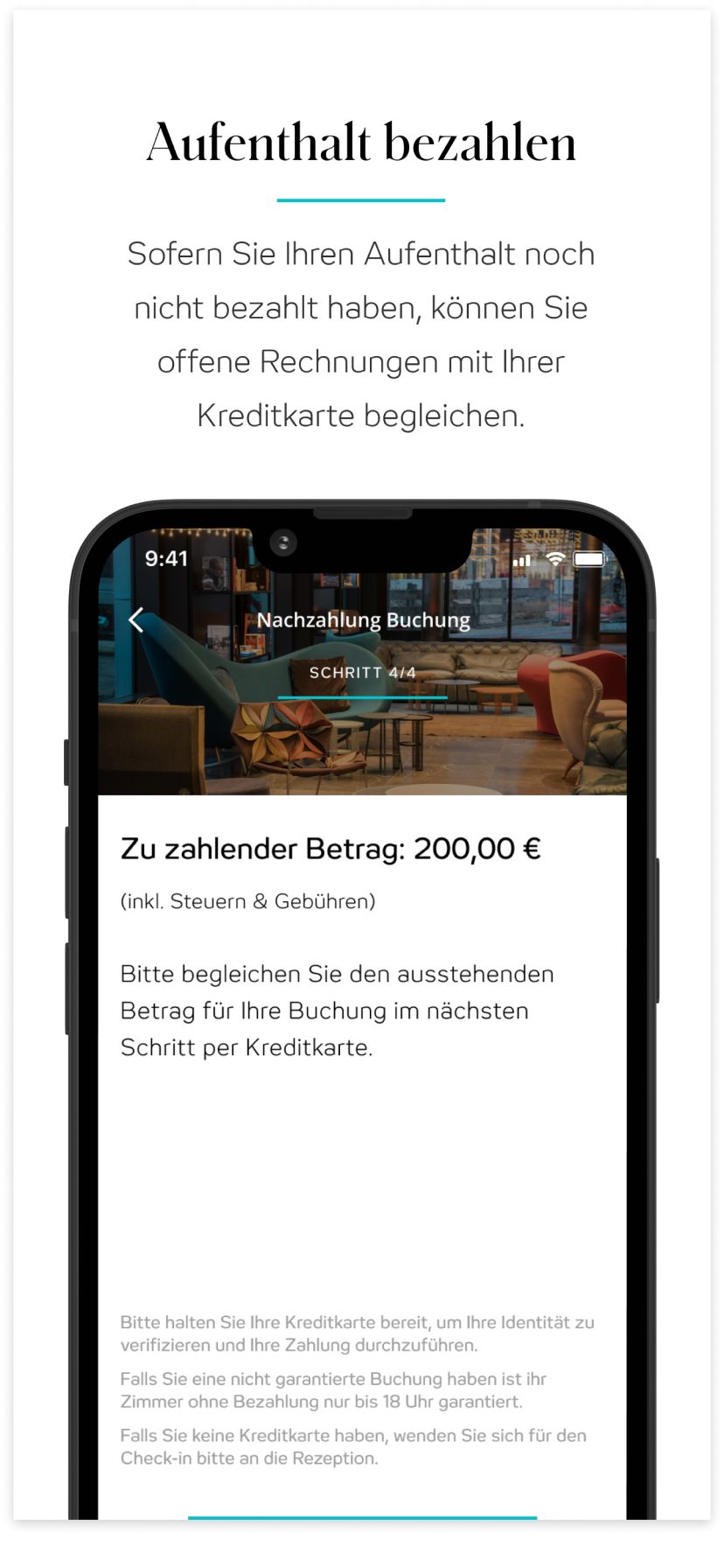 Smartphone-Bildschirm zeigt eine Zahlungsaufforderung für 200 Euro zur Begleichung eines Hotelaufenthalts per Kreditkarte. 