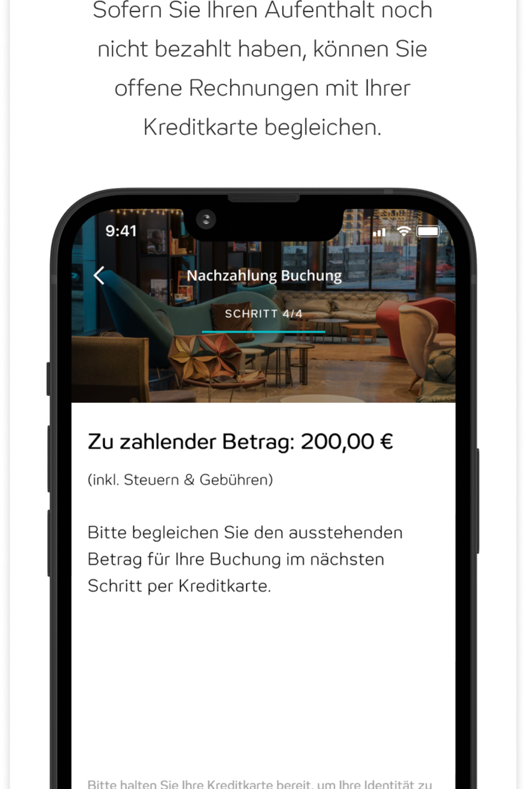 Smartphone-Bildschirm zeigt eine Zahlungsaufforderung für 200 Euro zur Begleichung eines Hotelaufenthalts per Kreditkarte.