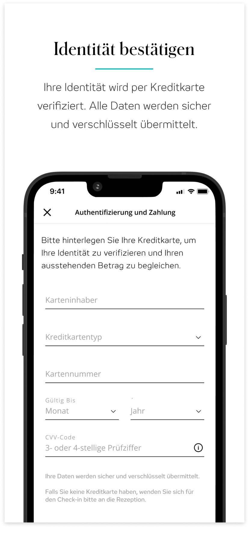 Smartphone-Bildschirm zeigt ein Formular zur Identitätsbestätigung per Kreditkarte mit Feldern für Karteninhaber, Kartentyp, Kartennummer, Gültigkeit und CVV, ergänzt um Hinweise zur sicheren und verschlüsselten Datenübermittlung.