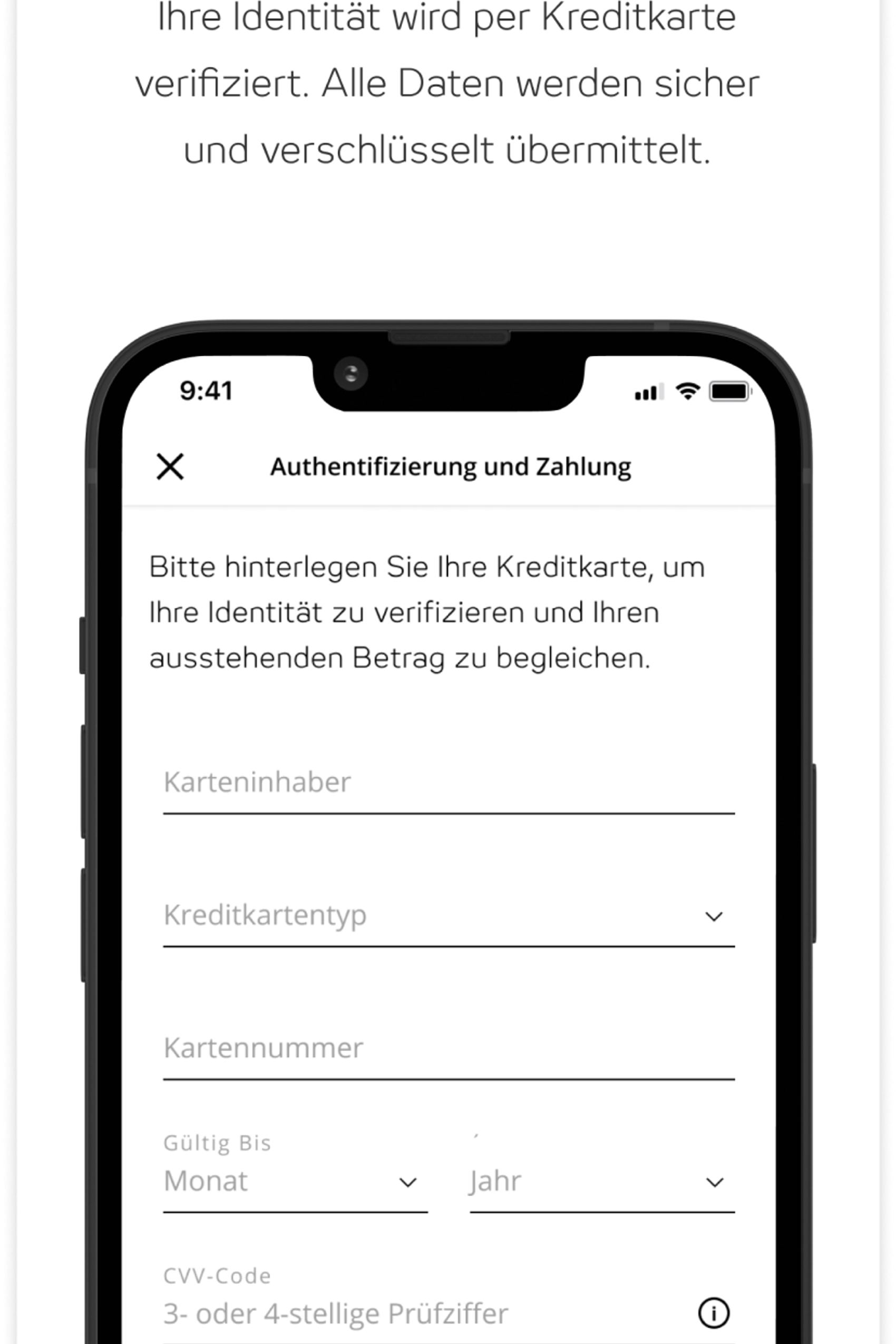 Smartphone-Bildschirm zeigt ein Formular zur Identitätsbestätigung per Kreditkarte mit Feldern für Karteninhaber, Kartentyp, Kartennummer, Gültigkeit und CVV, ergänzt um Hinweise zur sicheren und verschlüsselten Datenübermittlung.