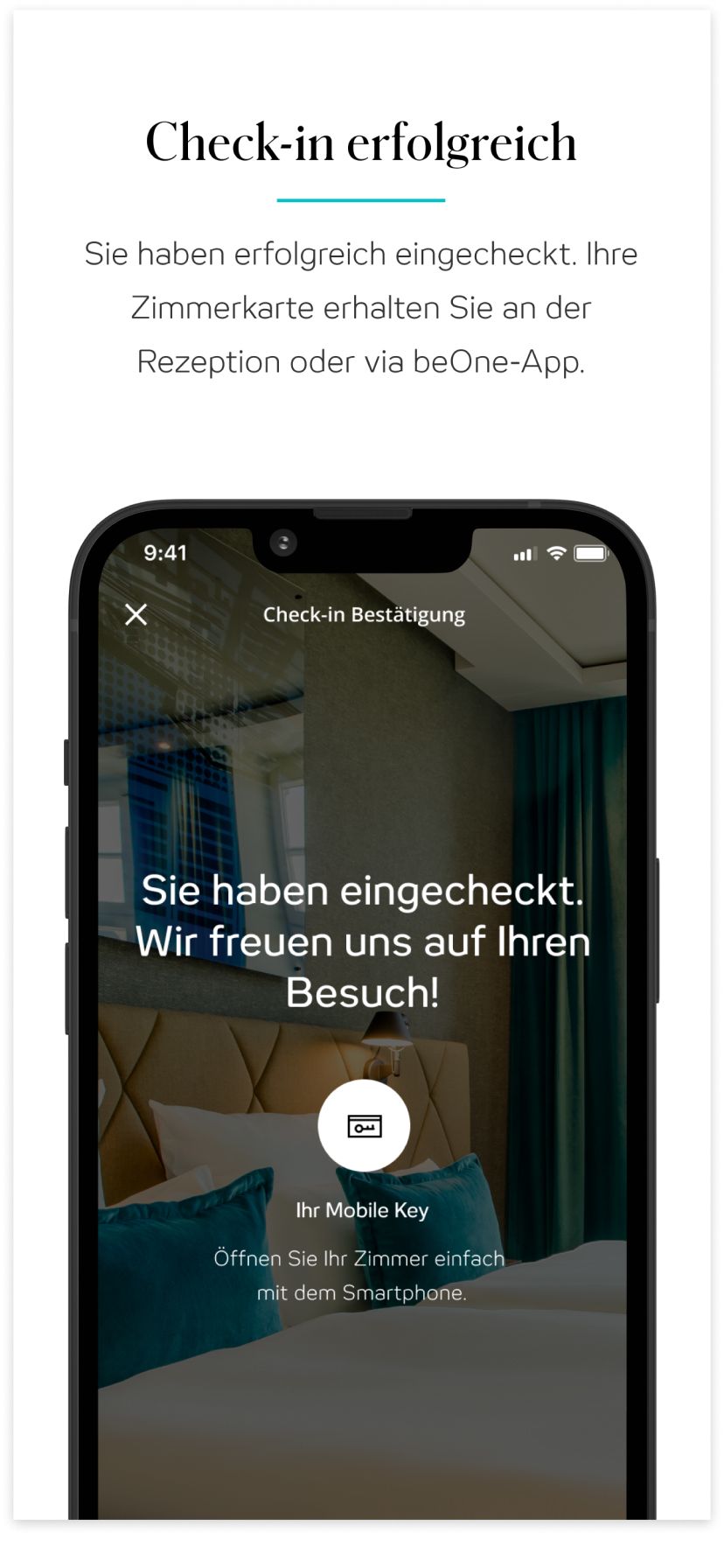 Bestätigung erfolgreicher Online-Check-in mit Smartphone als Zimmerschlüssel, begleitet von freundlicher Begrüßung und Hinweis auf Schlüsselübergabe an der Rezeption oder per App.
