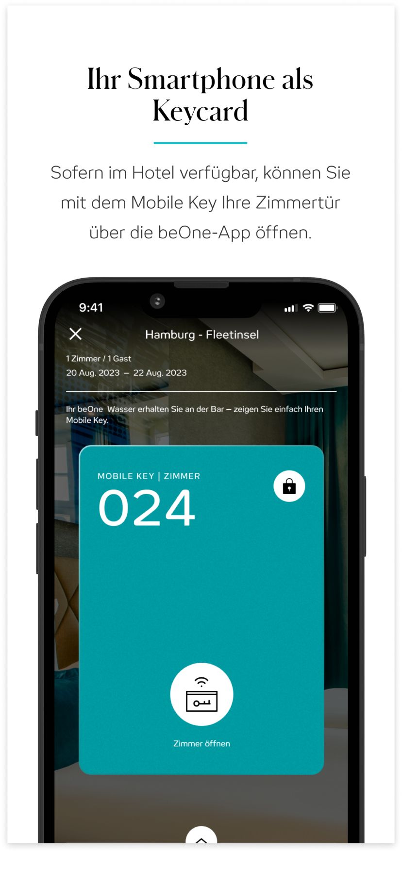 Smartphone zeigt digitale Hotelzimmerkarte mit Zimmerschloss und der Nummer 024 zur kontaktlosen Zimmertüröffnung über die beOne-App.