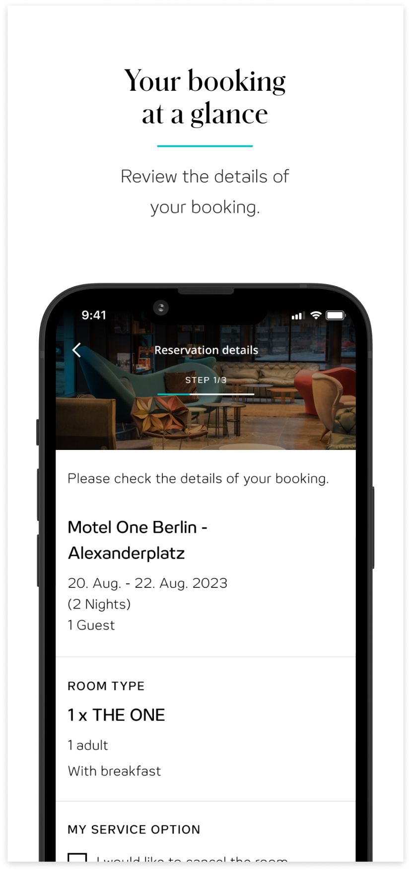 Übersicht einer Buchungsbestätigung auf einem Smartphone-Bildschirm mit Angaben zu Hotelname, Aufenthaltsdatum, Dauer, Anzahl der Gäste, Zimmertyp und inkludiertem Frühstück.