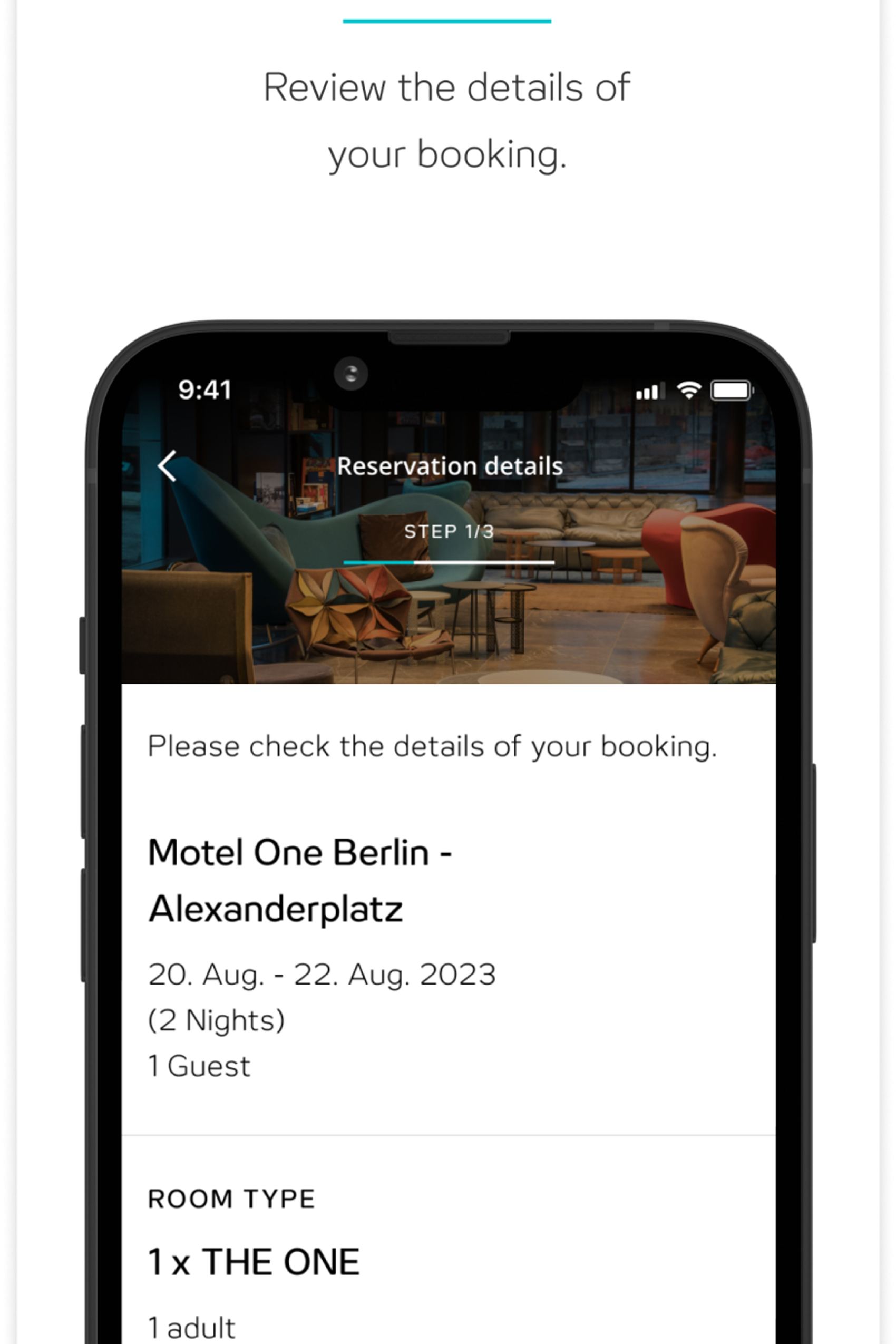 Übersicht einer Buchungsbestätigung auf einem Smartphone-Bildschirm mit Angaben zu Hotelname, Aufenthaltsdatum, Dauer, Anzahl der Gäste, Zimmertyp und inkludiertem Frühstück.