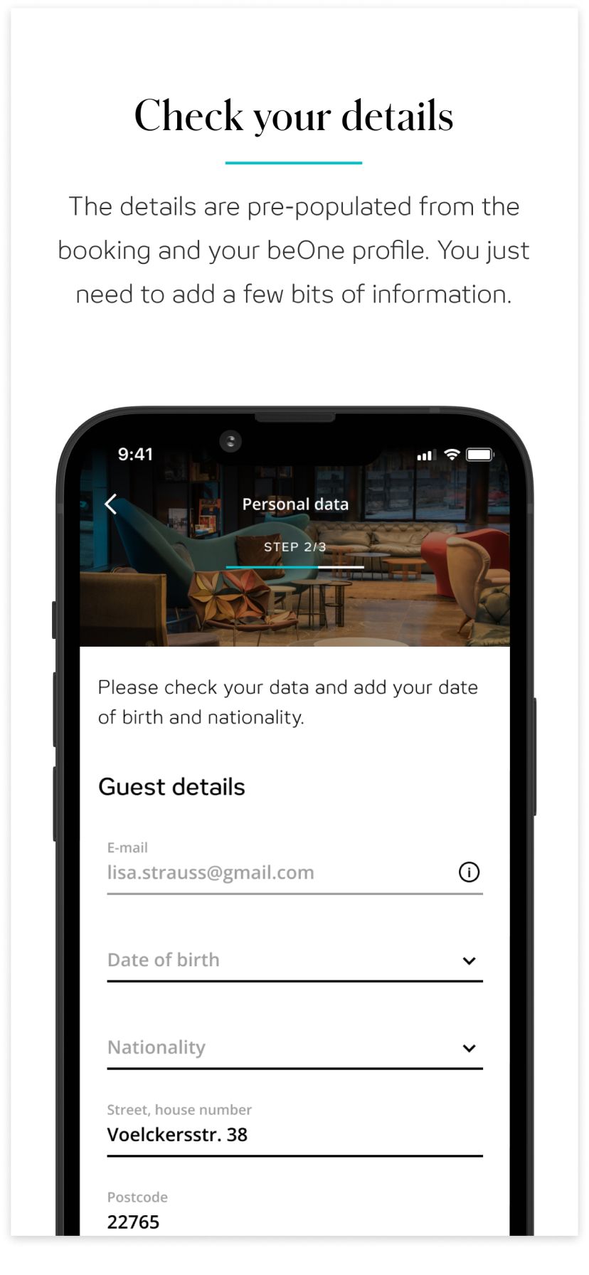 Bildschirmansicht einer Buchungsübersicht mit Eingabefeldern für persönliche Daten wie E-Mail, Geburtsdatum, Nationalität und Adresse zur Überprüfung und Ergänzung vor der Hotelreservierung.