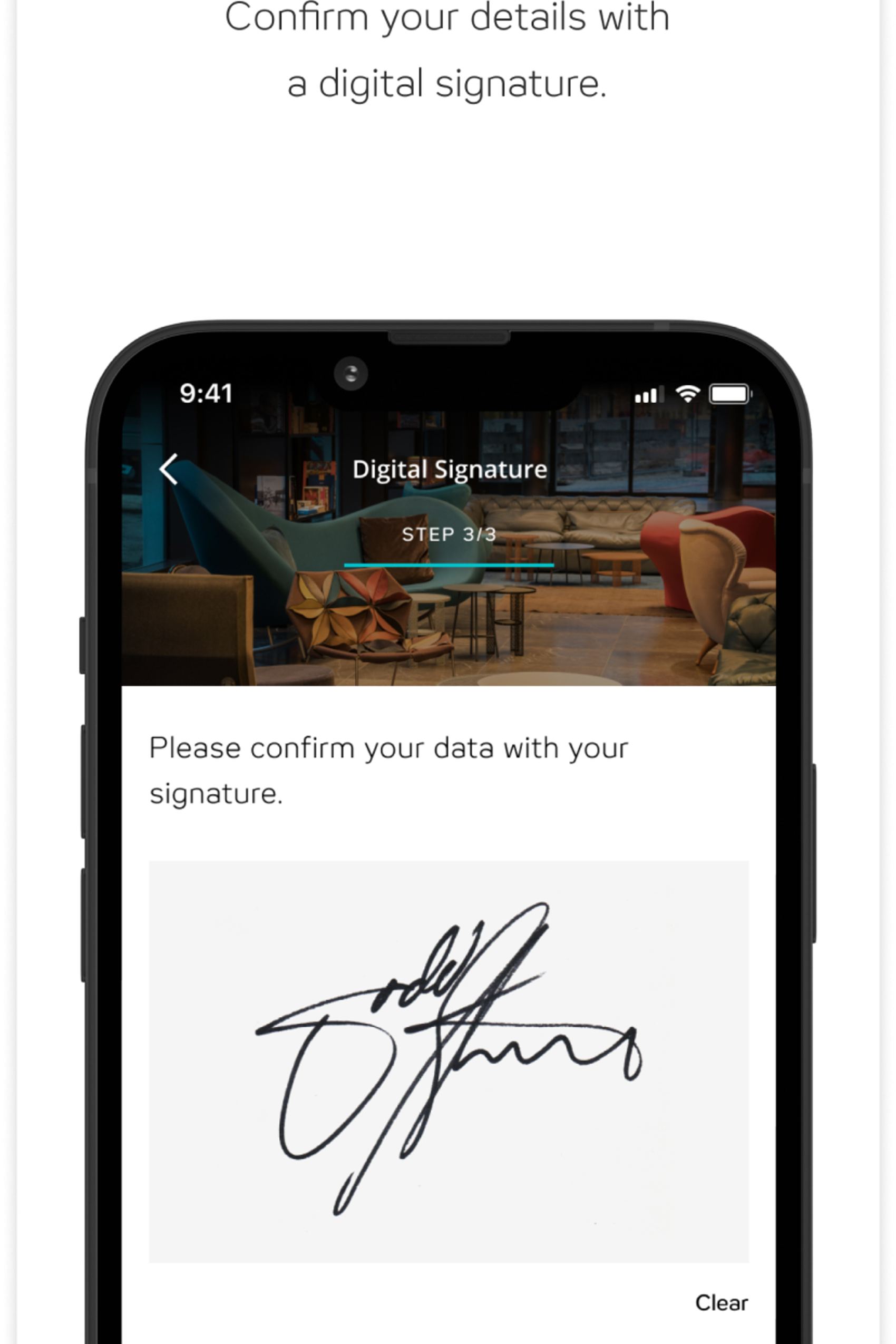 Digitales Unterschriftsfeld auf einem Smartphone zur Bestätigung von Registrierungsdaten durch eine digitale Signatur.