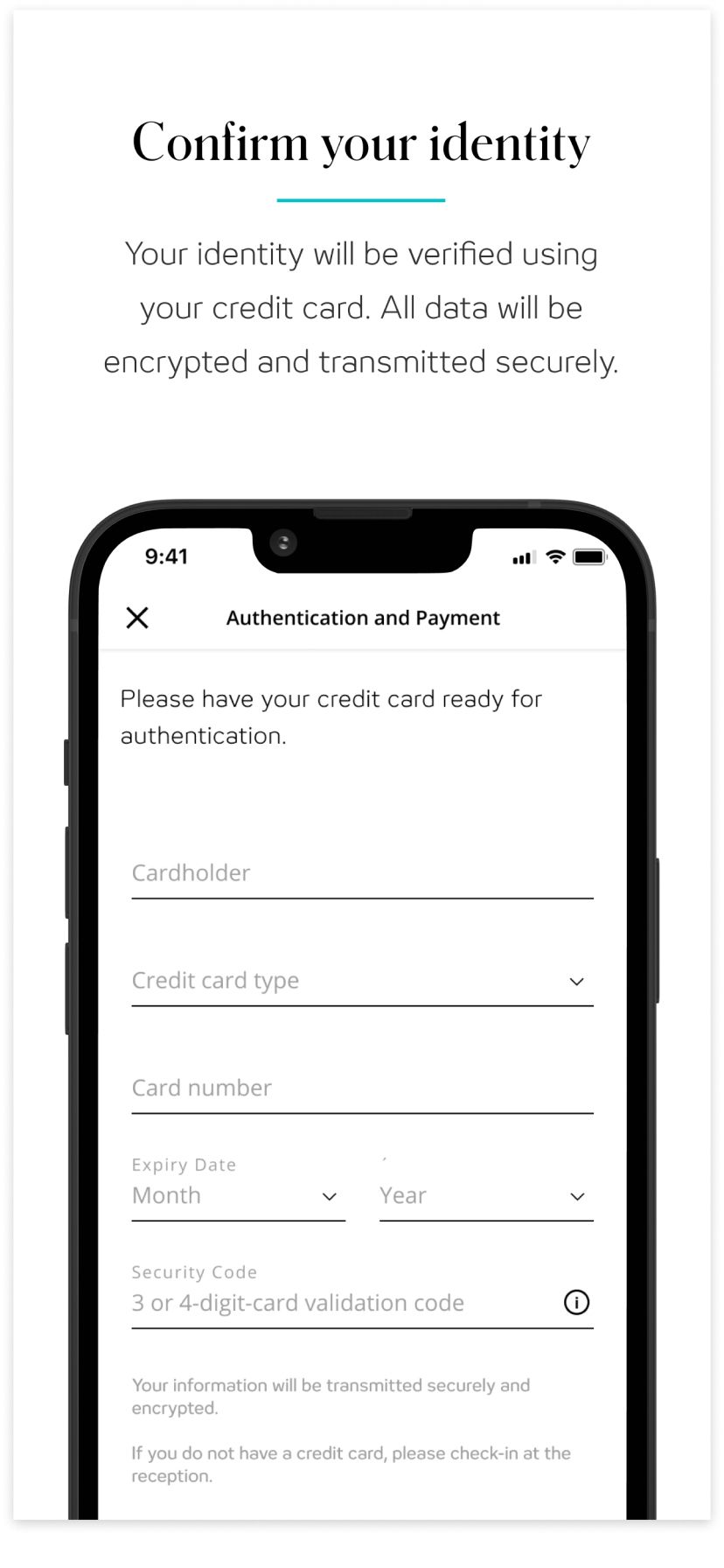 Smartphone-Bildschirm zeigt Formular zur Identitätsbestätigung per Kreditkarte mit Angaben zu Karteninhaber, Kartentyp, Kartennummer, Ablaufdatum und Sicherheitscode. Hinweis auf sichere Datenübertragung.