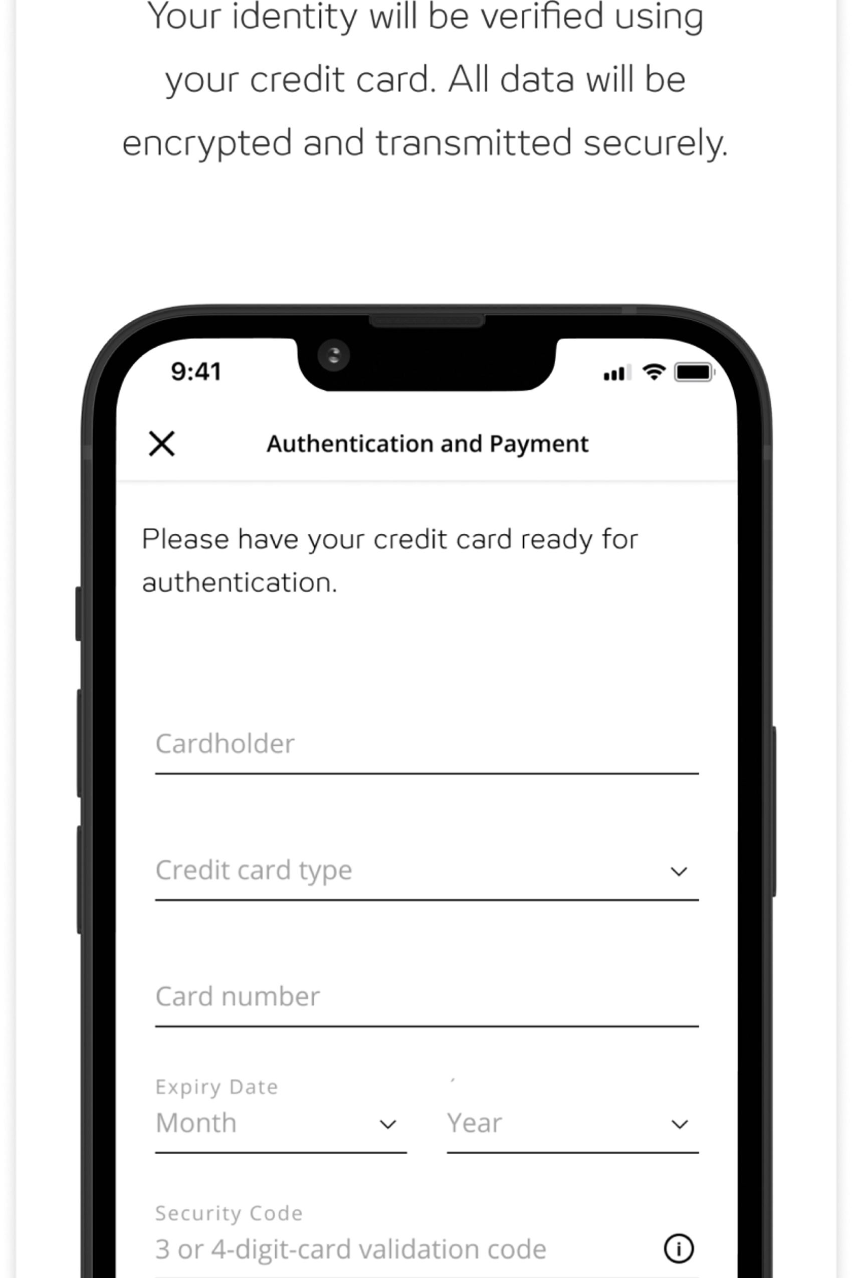 Smartphone-Bildschirm zeigt Formular zur Identitätsbestätigung per Kreditkarte mit Angaben zu Karteninhaber, Kartentyp, Kartennummer, Ablaufdatum und Sicherheitscode. Hinweis auf sichere Datenübertragung.