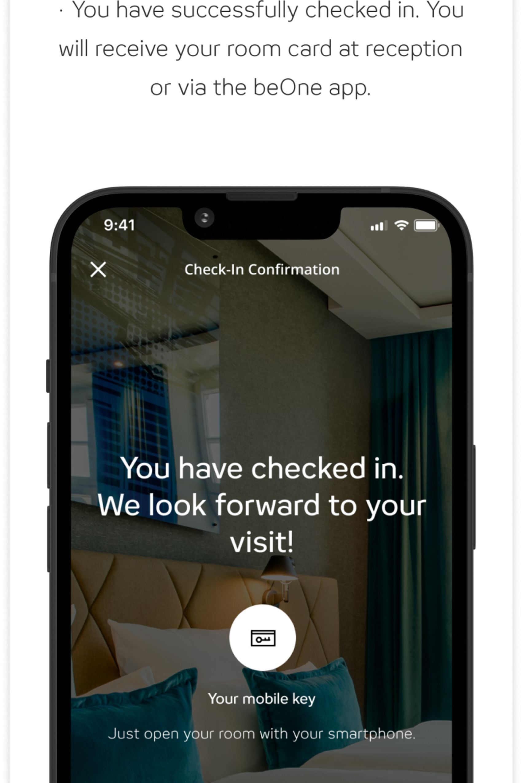 Bestätigung der erfolgreichen Online-Check-in mit Hinweis, dass der Zimmerschlüssel per Smartphone über die beOne-App genutzt werden kann. Willkommen im Hotel, bereit für den Aufenthalt.