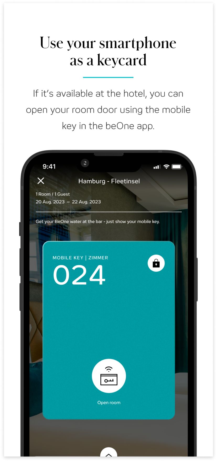 Smartphone dient als Zimmerschlüssel: Mit der beOne App können Gäste ihre Hoteltür berührungslos öffnen, wenn dieser Service verfügbar ist.