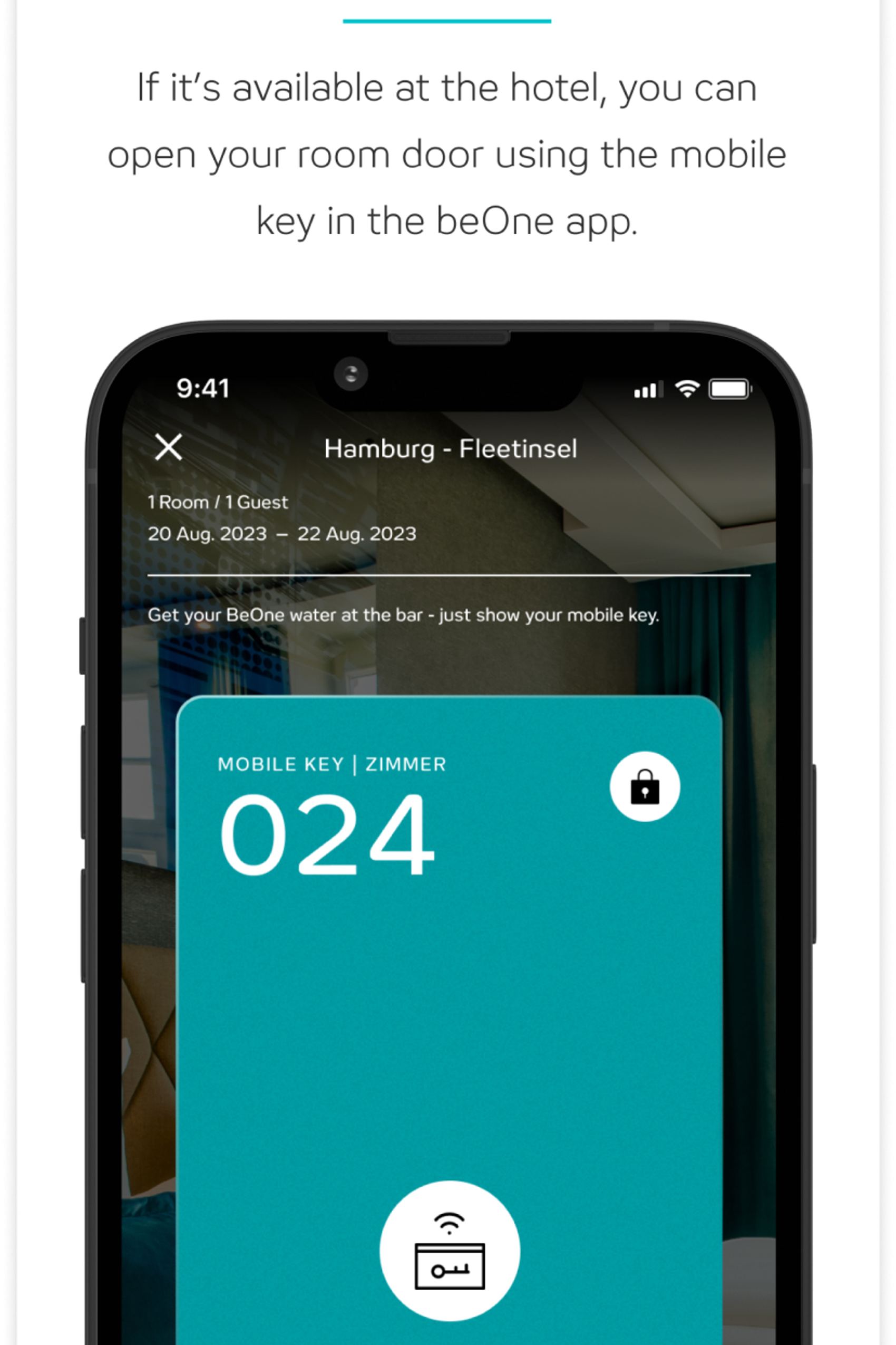 Smartphone dient als Zimmerschlüssel: Mit der beOne App können Gäste ihre Hoteltür berührungslos öffnen, wenn dieser Service verfügbar ist.