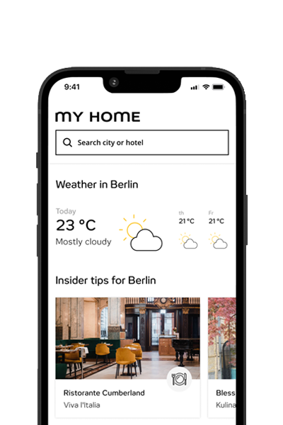Smartphone-Display zeigt Wetterbericht für Berlin mit 23°C und meist bewölktem Himmel sowie Insider-Tipps für Restaurants, ideal für Reisende zur Planung von Aufenthalt und Aktivitäten.