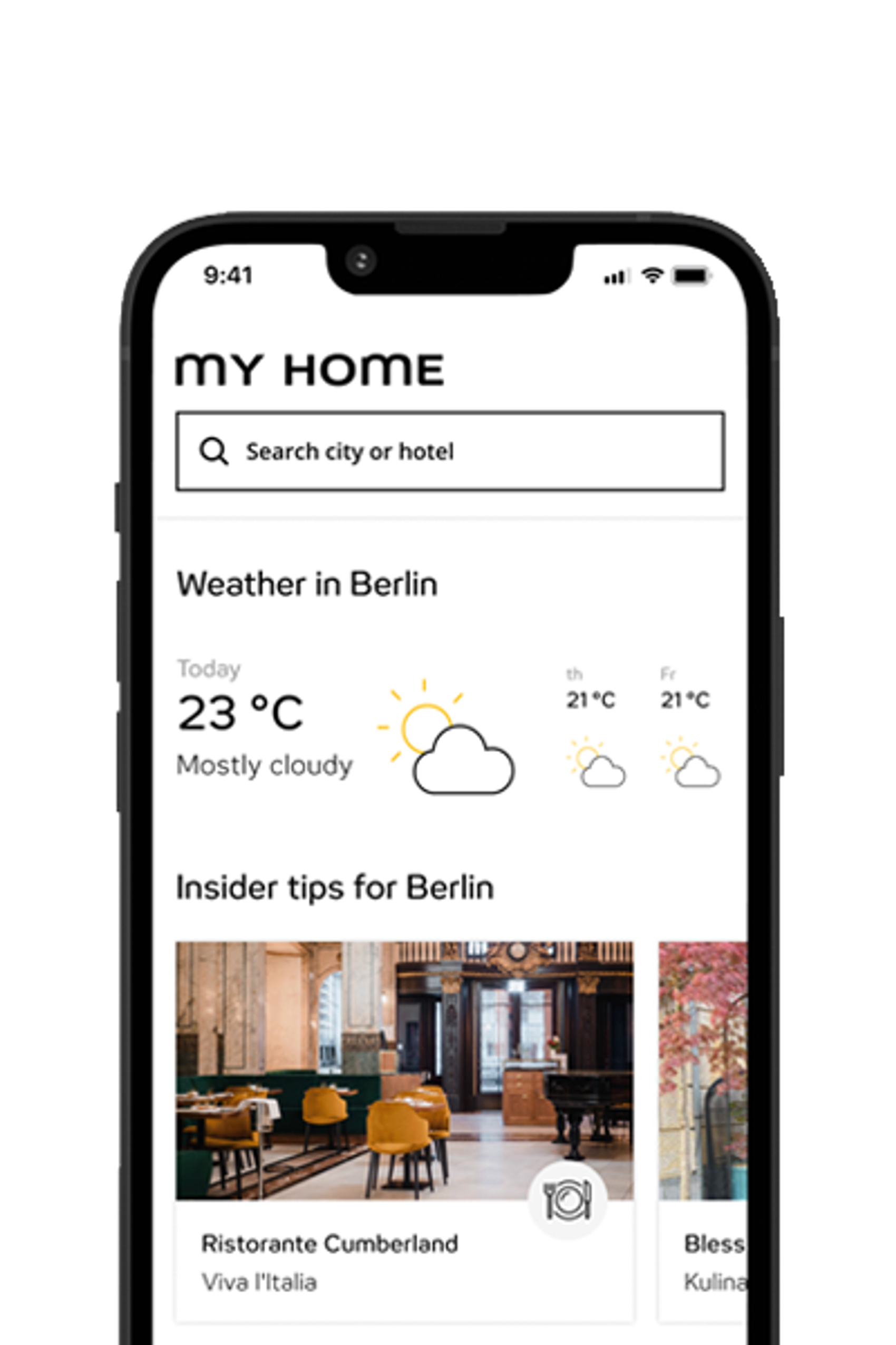 Smartphone-Display zeigt Wetterbericht für Berlin mit 23°C und meist bewölktem Himmel sowie Insider-Tipps für Restaurants, ideal für Reisende zur Planung von Aufenthalt und Aktivitäten.