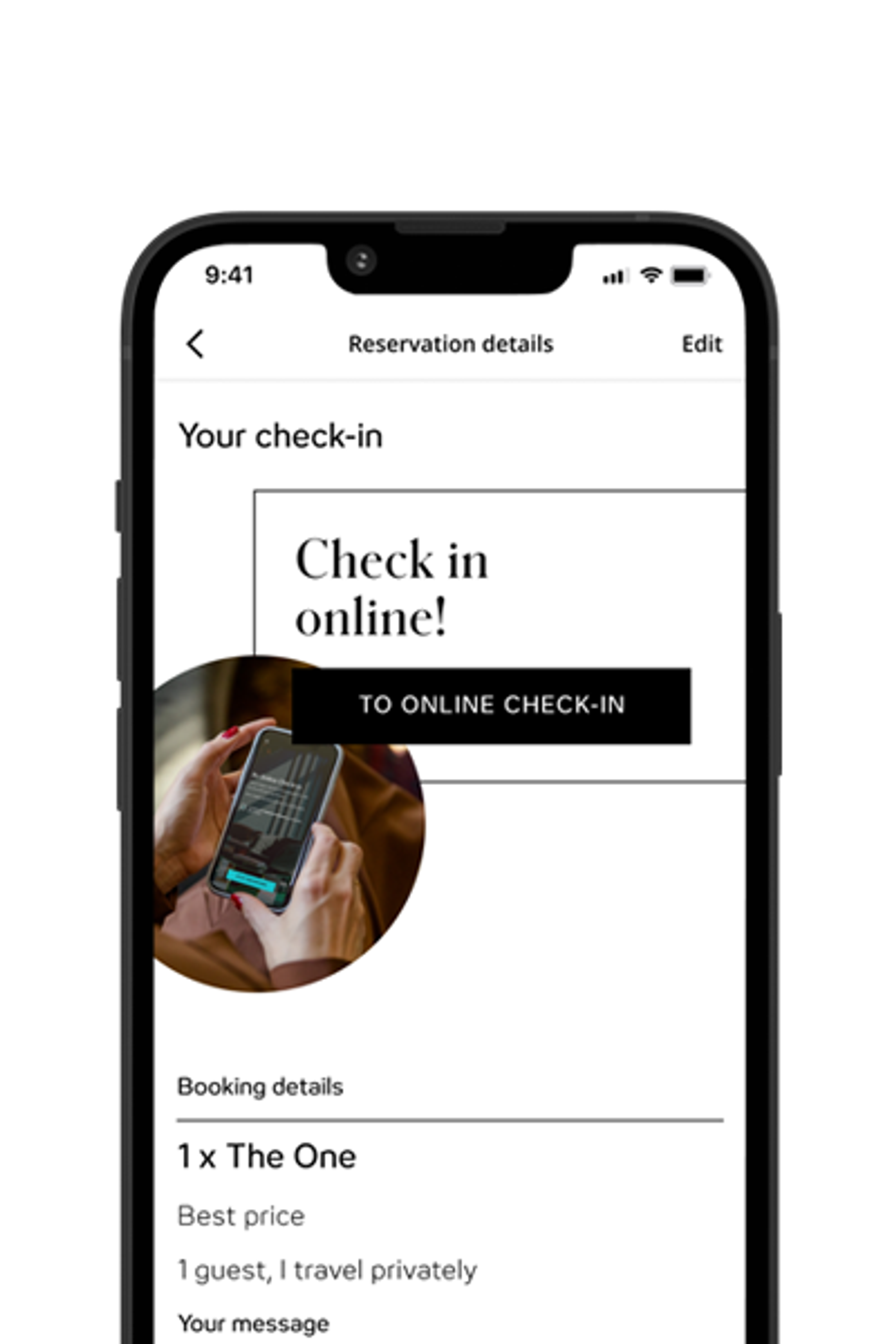 Smartphone-Bildschirm zeigt Online-Check-in für Hotelreservierung mit Buchungsdetails und Option, den Check-in bequem digital durchzuführen.