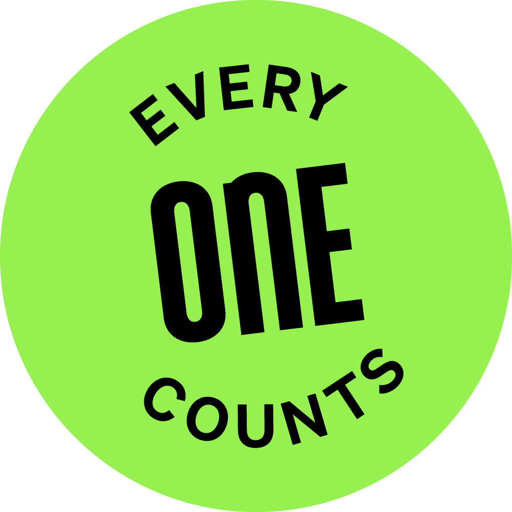 Grüner Kreis mit dem schwarzen Text „EVERY ONE COUNTS“, was auf Englisch „Jeder zählt“ bedeutet und Bedeutung von Individualität und Wertschätzung betont.