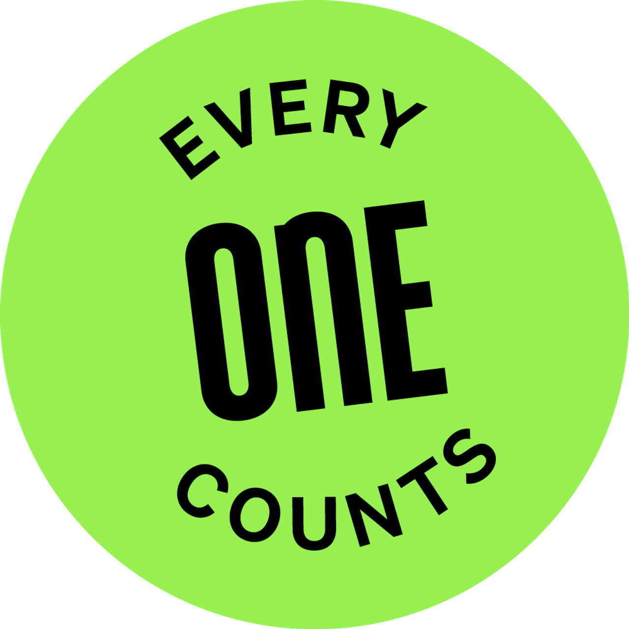 Grüner Kreis mit dem schwarzen Text „EVERY ONE COUNTS“, was auf Englisch „Jeder zählt“ bedeutet und Bedeutung von Individualität und Wertschätzung betont.
