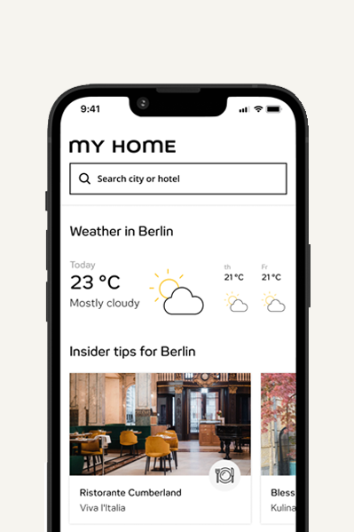 Smartphone-Bildschirm zeigt Wetterbericht für Berlin mit 23°C und bewölktem Himmel sowie Insider-Tipps für Restaurants in der Stadt.