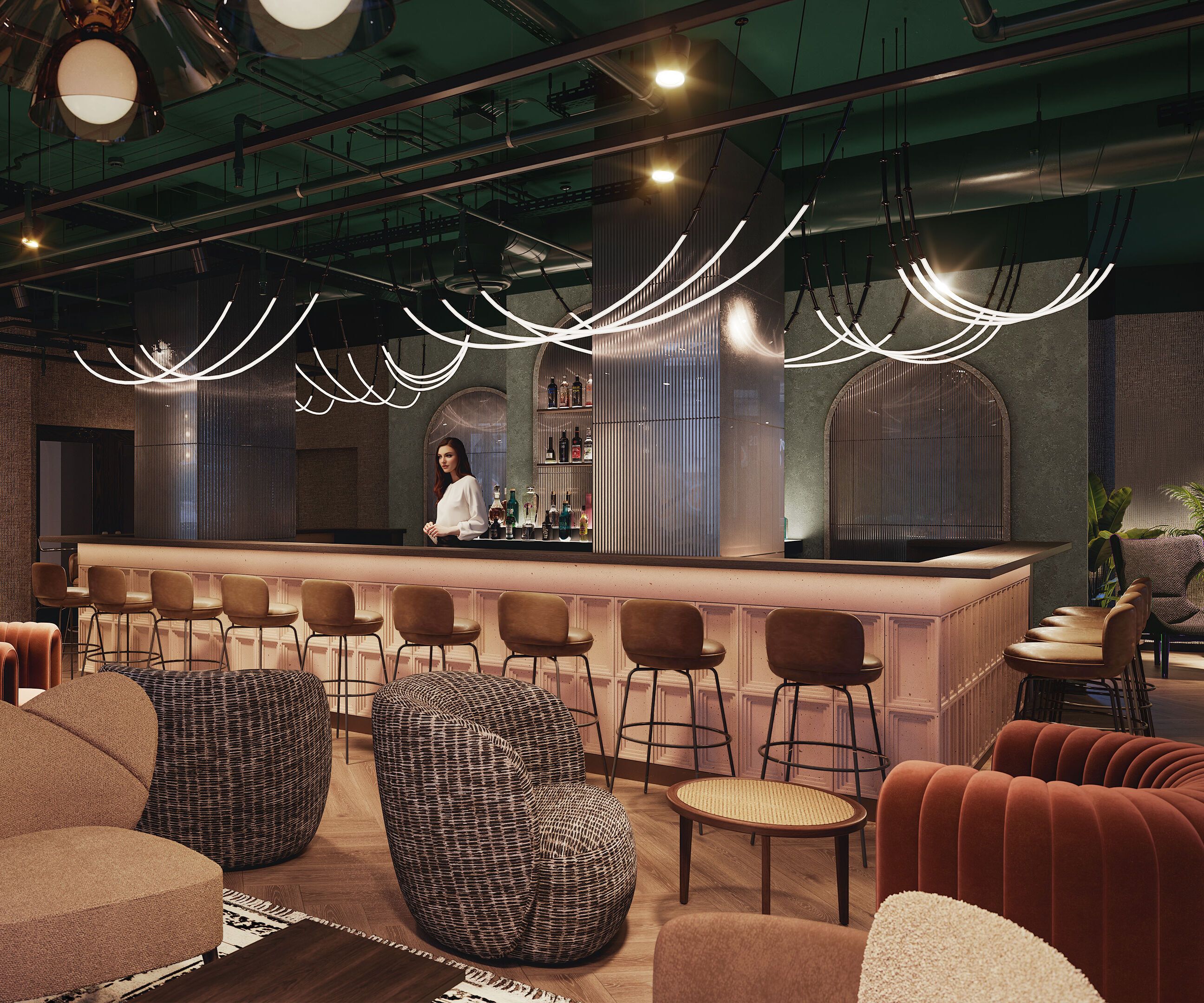 Stilvolle Hotelbar mit gemütlichen Sitzgruppen, modernen LED-Leuchten und einer langen Bartheke. Warme Farben und elegantes Design schaffen eine einladende Atmosphäre zum Entspannen und Verweilen.