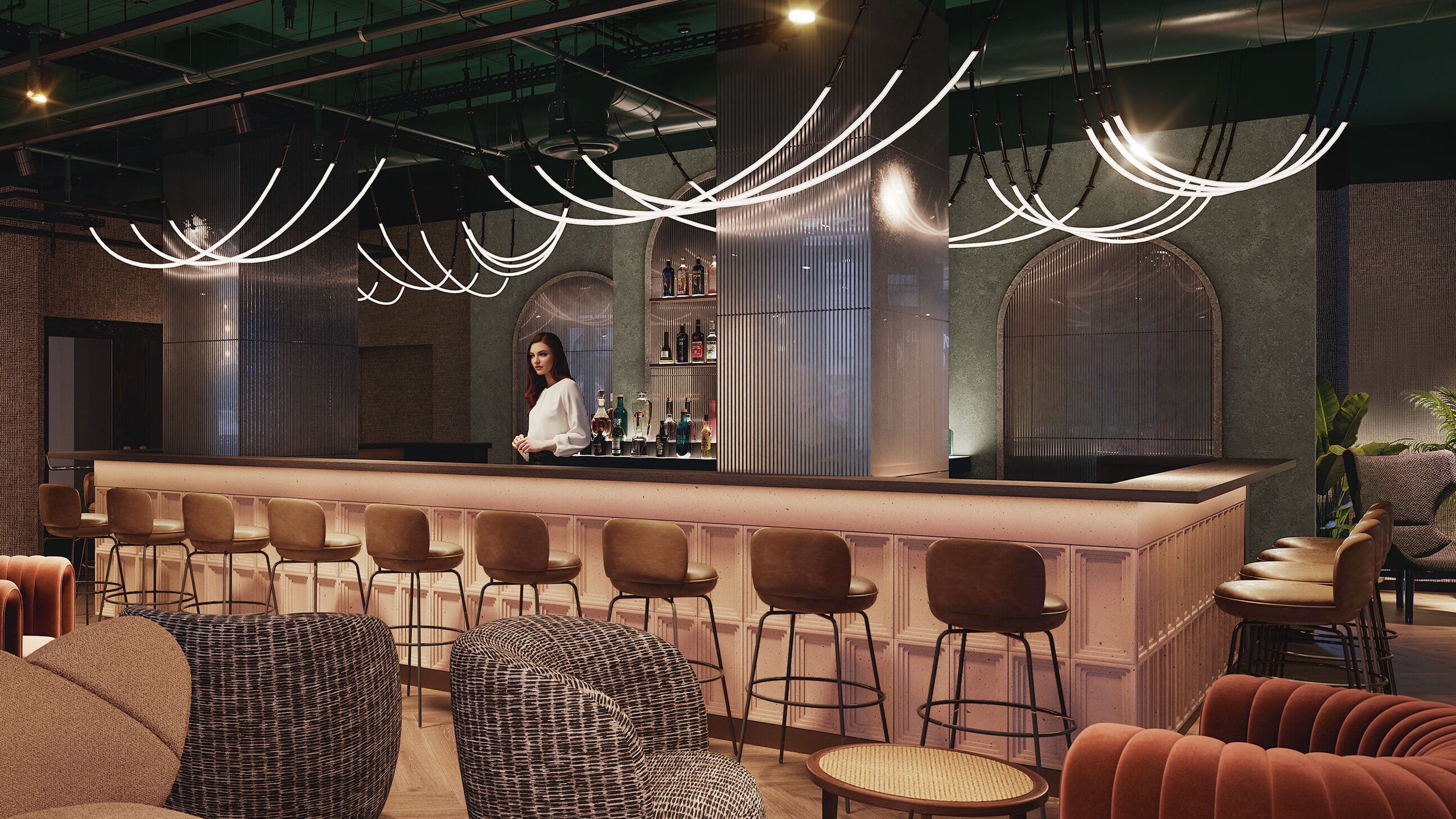 Stilvolle Hotelbar mit gemütlichen Sitzgruppen, modernen LED-Leuchten und einer langen Bartheke. Warme Farben und elegantes Design schaffen eine einladende Atmosphäre zum Entspannen und Verweilen.