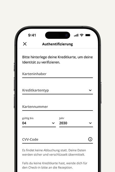 Smartphone-Bildschirm zeigt ein Formular zur Kreditkarten-Authentifizierung mit Feldern für Karteninhaber, Kartentyp, Kartennummer, Gültigkeitsdatum und CVV-Code, inklusive Hinweis zum sicheren Datenschutz ohne Abbuchung. Smartphone-Bildschirm zeigt ein Formular zur Kreditkarten-Authentifizierung mit Feldern für Karteninhaber, Kartentyp, Kartennummer, Gültigkeitsdatum und CVV-Code, inklusive Hinweis zum sicheren Datenschutz ohne Abbuchung.