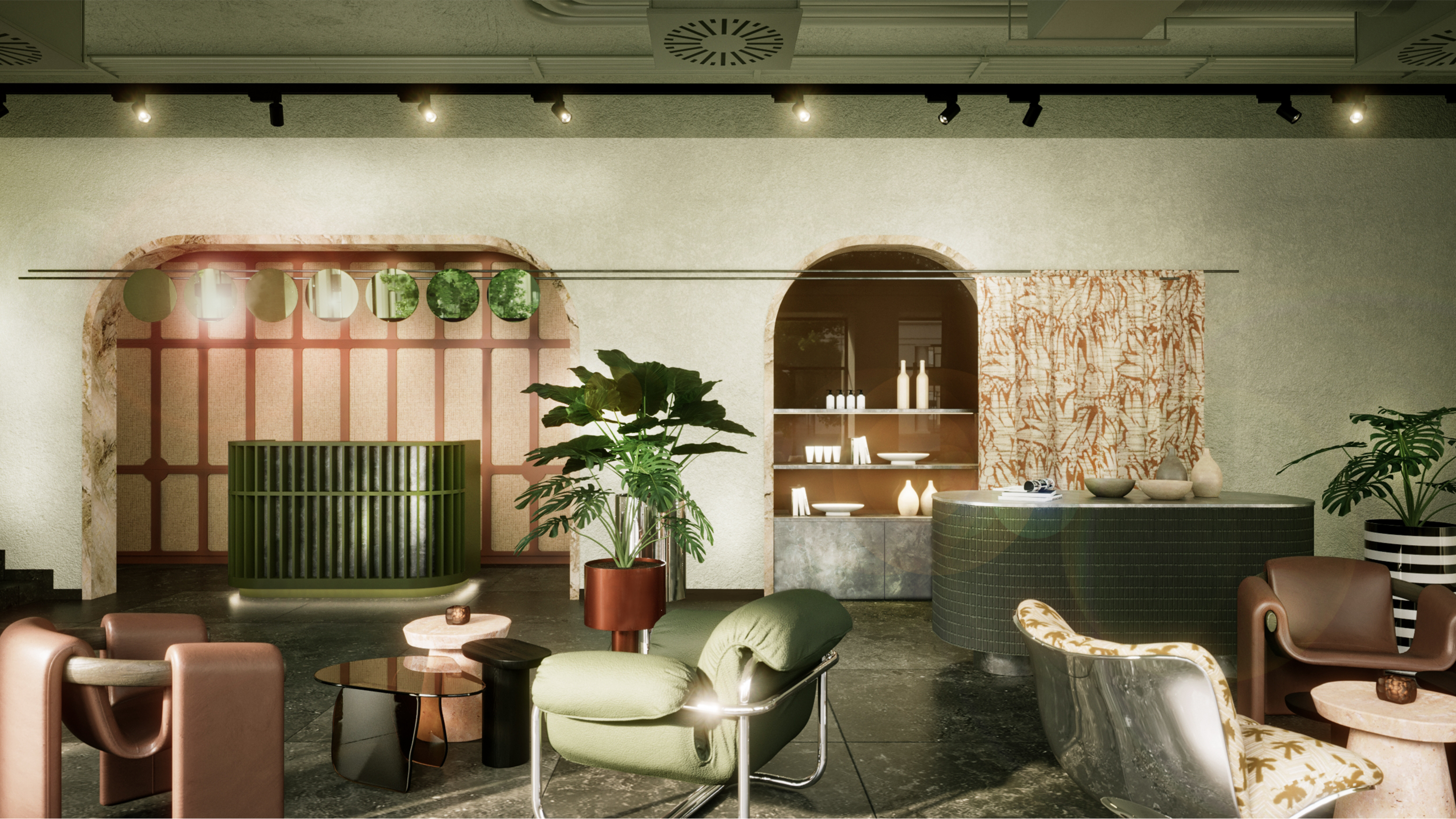 Gemütlicher Lounge-Bereich mit modernen Sesseln, Pflanzen und sanfter Beleuchtung, der eine entspannte Atmosphäre in einem stilvollen Innenraum schafft.