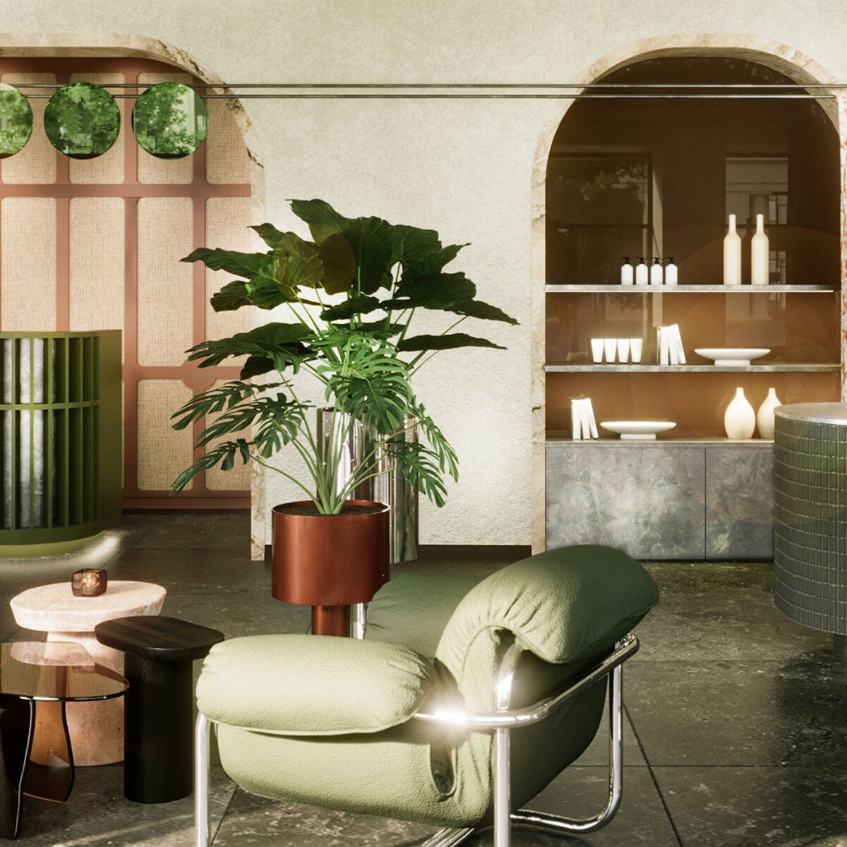 Moderne Hotel-Lobby mit grün gepolstertem Sessel, großen Zimmerpflanzen, stilvollem Empfangstresen und dekorativen Regalen, die eine einladende und entspannte Atmosphäre schaffen.