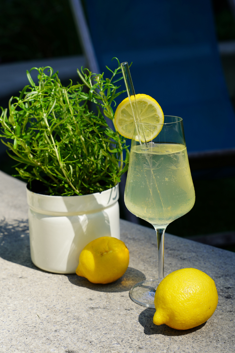 Klares Glas mit Zitronenlimonade und Zitronenscheibe am Rand, umgeben von zwei frischen Zitronen und einem grünen Kräutertopf auf hellem Tisch, vermittelt erfrischende Sommerstimmung.