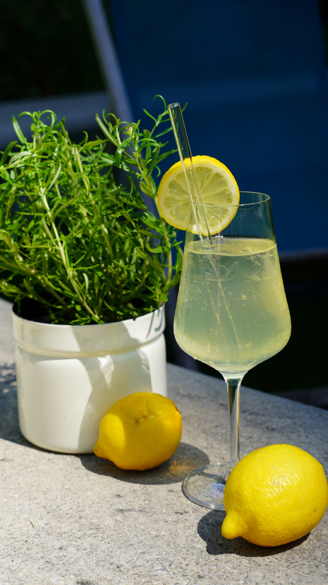 Klares Glas mit Zitronenlimonade und Zitronenscheibe am Rand, umgeben von zwei frischen Zitronen und einem grünen Kräutertopf auf hellem Tisch, vermittelt erfrischende Sommerstimmung.