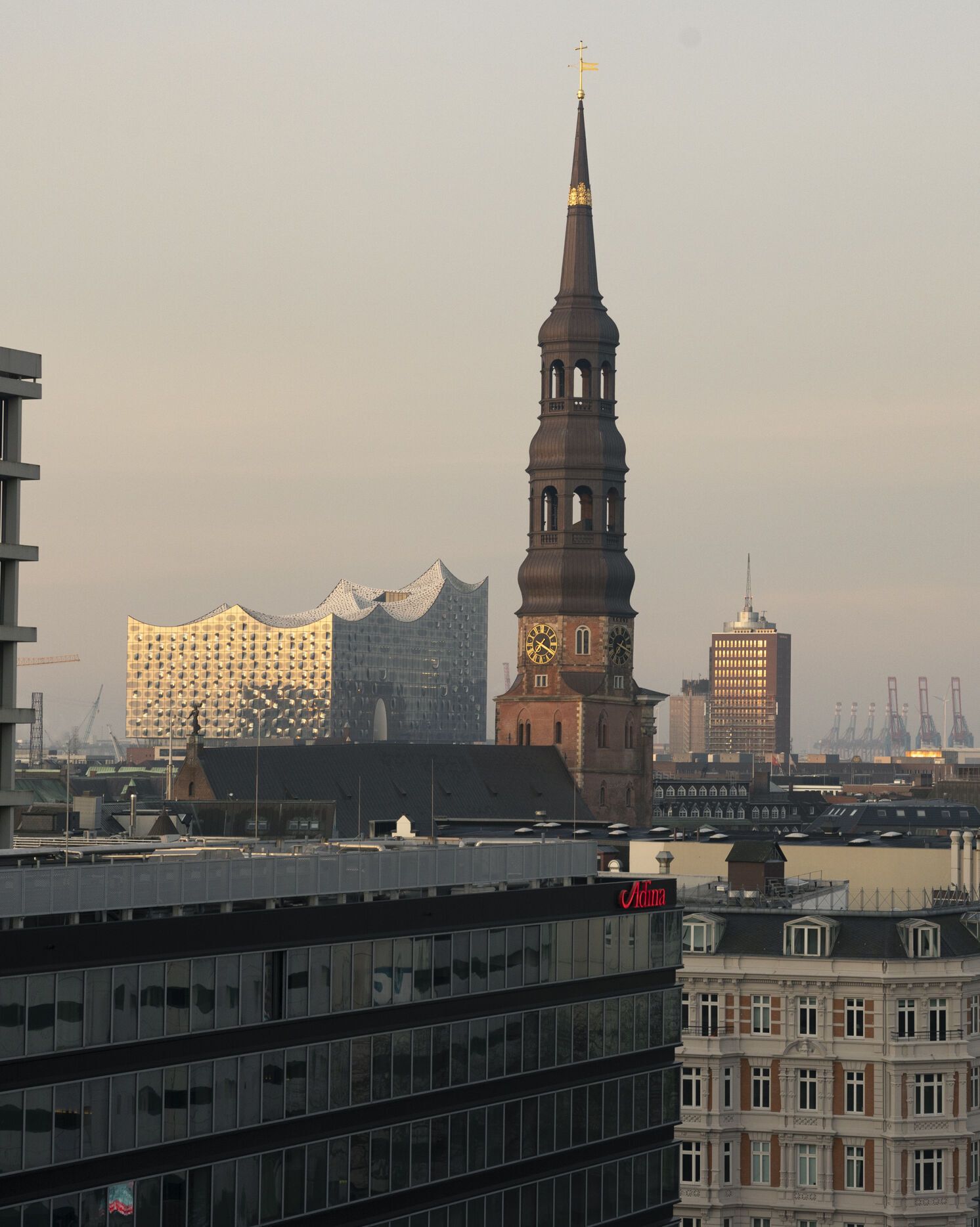Blick über die Dächer Hamburgs mit der markanten Elbphilharmonie, dem Turm der St. Katharinenkirche und Hafenkränen im Hintergrund, bei ruhigem, goldenem Abendlicht.