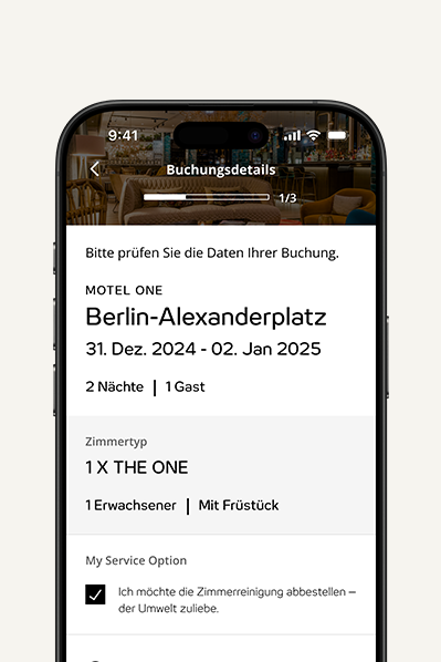Buchungsdetails für Motel One Berlin-Alexanderplatz vom 31. Dez. 2024 bis 2. Jan. 2025, 2 Nächte, 1 Gast, Zimmertyp „THE ONE“, 1 Erwachsener mit Frühstück, Zimmerreinigung abbestellt aus Umweltgründen. Buchungsdetails für Motel One Berlin-Alexanderplatz vom 31. Dez. 2024 bis 2. Jan. 2025, 2 Nächte, 1 Gast, Zimmertyp „THE ONE“, 1 Erwachsener mit Frühstück, Zimmerreinigung abbestellt aus Umweltgründen.